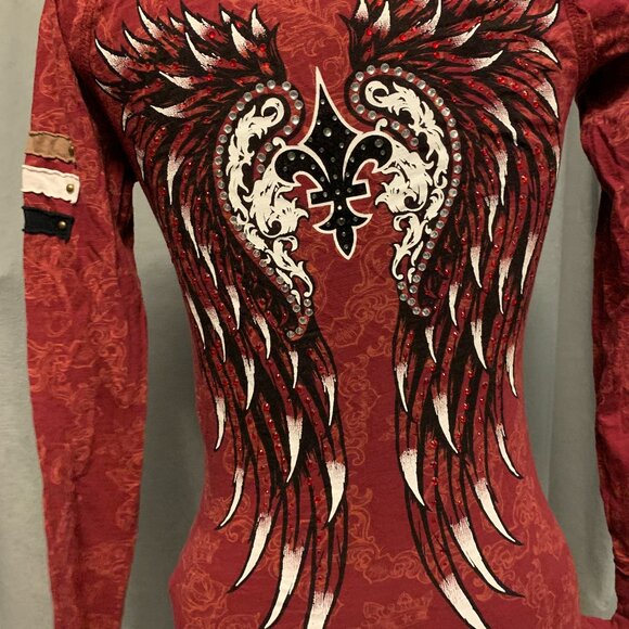 Rebel Spirit Tops - Rebel Spirit Brand - Red Filigree long sleeve top with hood and wing decal - Siz